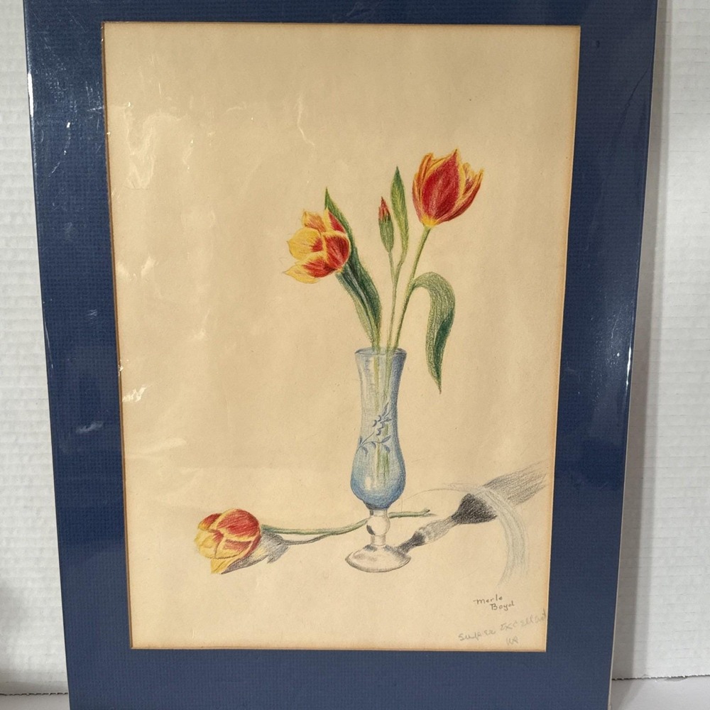 Still Life Original Colored Pencil‎ Tulips in Vtg Translucent Blue Vase Signed
